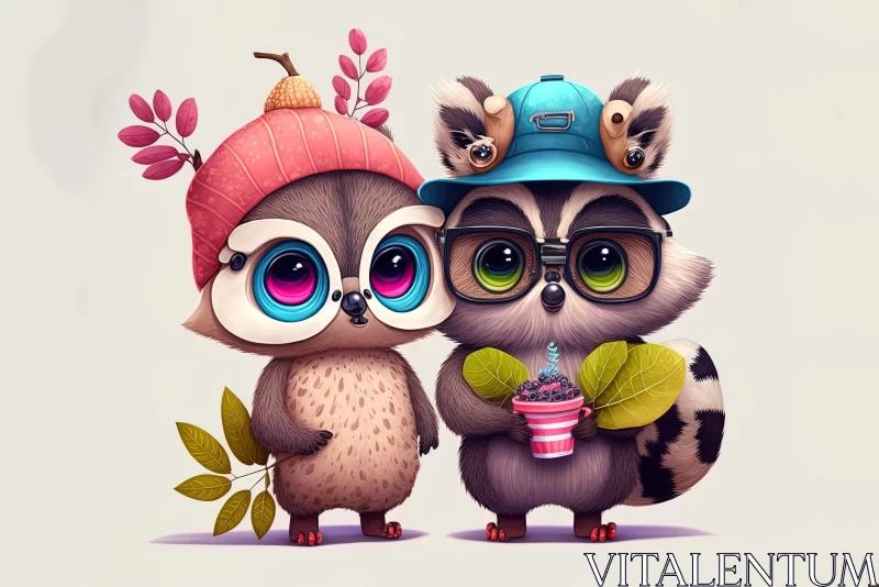 Whimsical Duo: Cartoon-like Owl and Raccoon with Glasses, Hats, Flowers, and Berrie AI Image