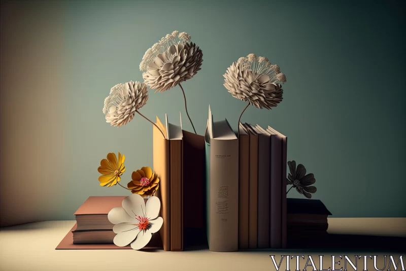 AI ART Harmony of Art and Knowledge: Creative Composition of Book Piles and Tender Flowers