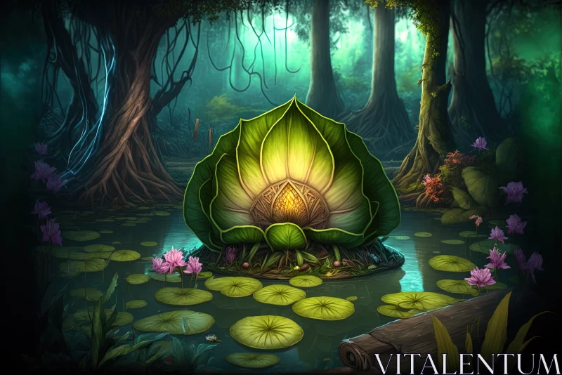 AI ART Enigmatic Tranquility: Lotus Leaf on a Forest Swamp in Digital Painting