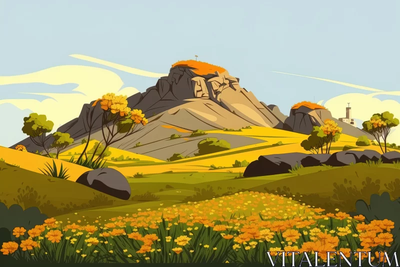 Mountain Majesty: A Field of Marigold Flowers Nestled Against Verdant Hills AI Image