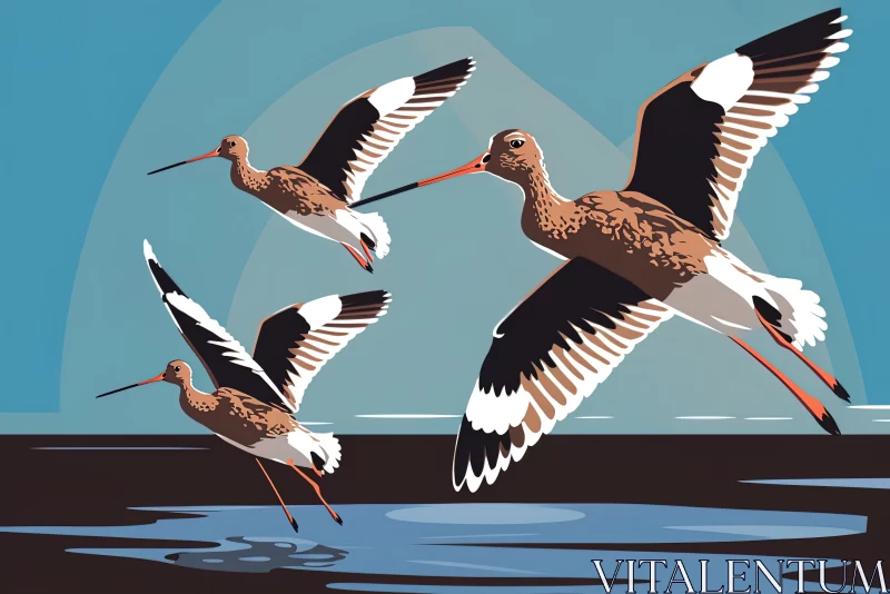 Graceful in Flight: Black-Tailed Godwit Limosa Birds Flying with Long Beaks over the Lagoon AI Image