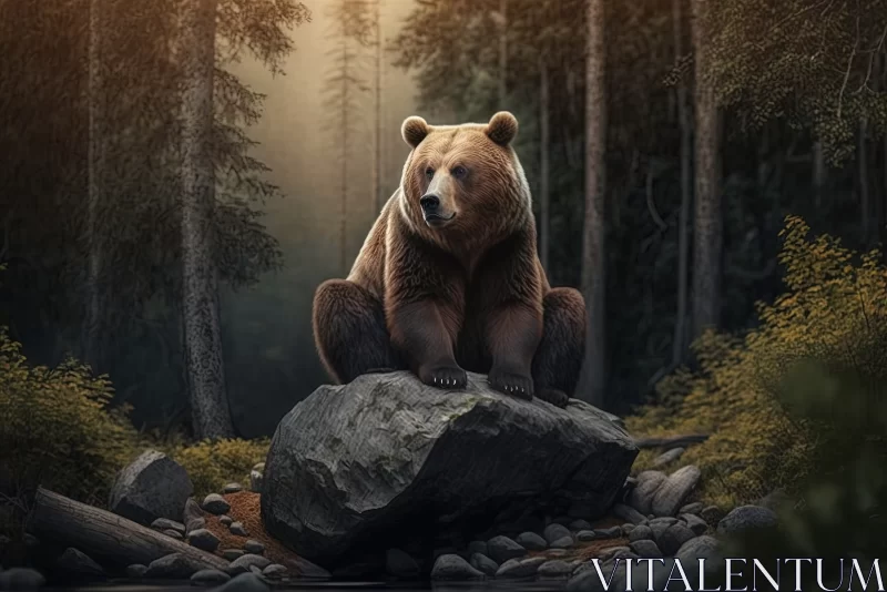 Forest Monarch: Majestic Brown Bear Perched on a Rock in the Heart of Nature AI Image