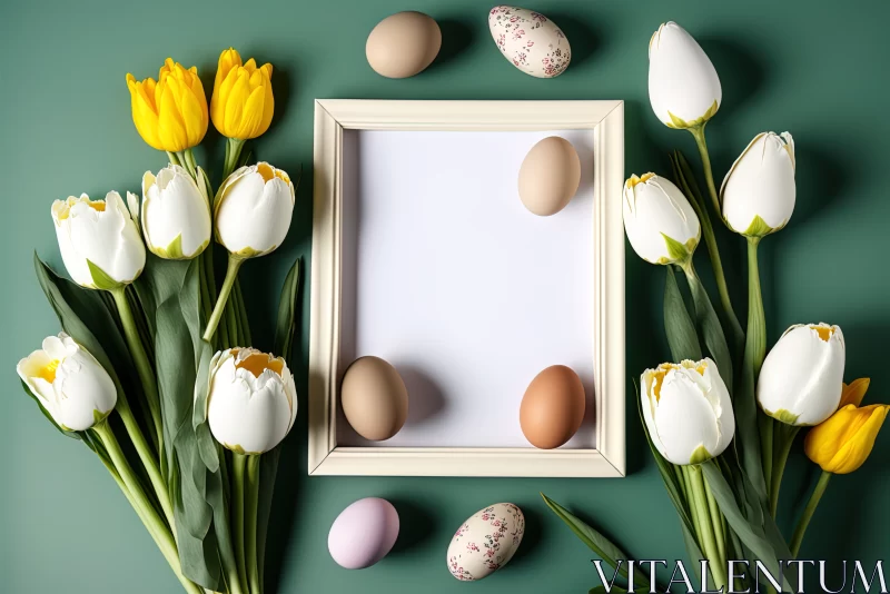 Easter Serenity: White Frame with Eggs Surrounded by White and Yellow Tulips AI Image