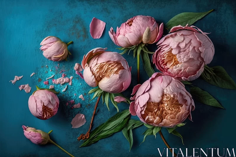 Whispers of Elegance: Pink Peony Buds and Petals on a Blue Table AI Image