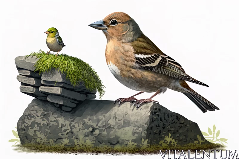 Feathered Delight: Chaffinch Juvenile on a Stone with a Caterpillar in Its Beak, Brown-Green Plumage AI Image