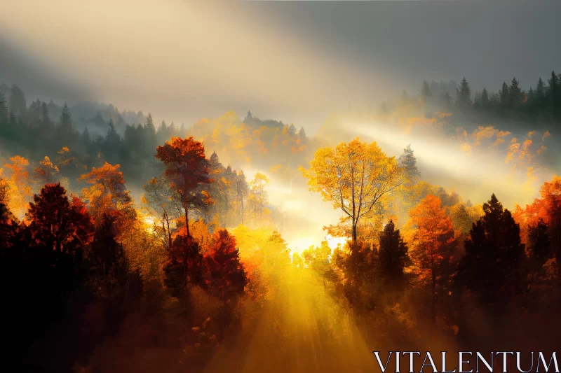 Nature's Palette Unleashed: Colorful Autumn Forest Bathed in Sun Rays AI Image