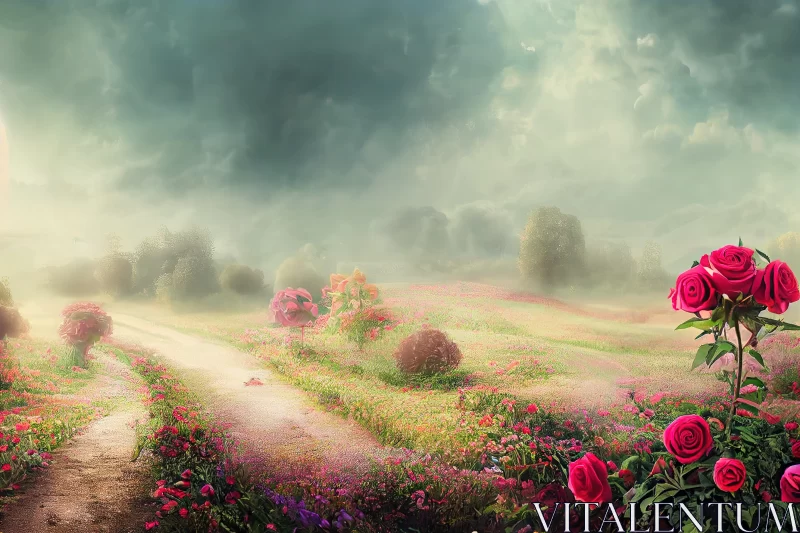 Fantasy Summer Delight: Roses, Butterflies, and Misty Path Leading to a Fairytale Glade AI Image
