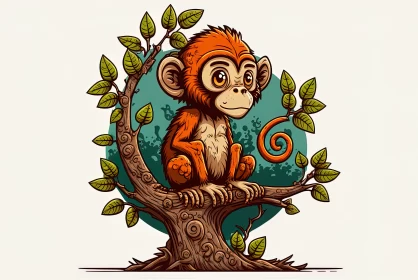 Playful Charm: Cartoon Vector Artwork of a Monkey on a Tree - Cute Animal Symbol AI Image