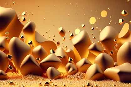 Mystical Gold Symphony: Abstract Shapes and 3D Dust in a Gilded Realm AI Image