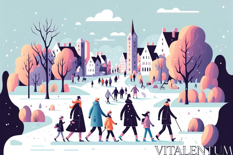 Winter Wonderland Adventures: Cartoon Adults and Kids Having Fun in a Snowy Park AI Image