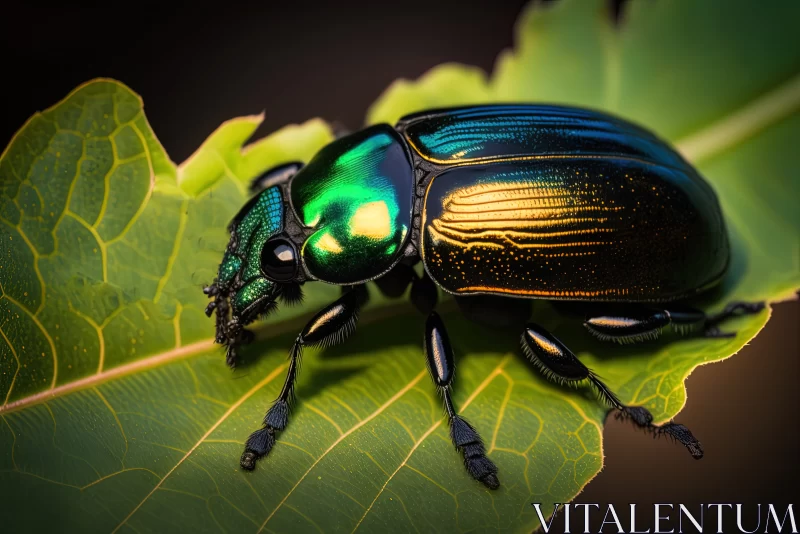 Nature's Jewel: Black Chrysomelidae Beetle Insect Bedazzles on a Green Leaf AI Image