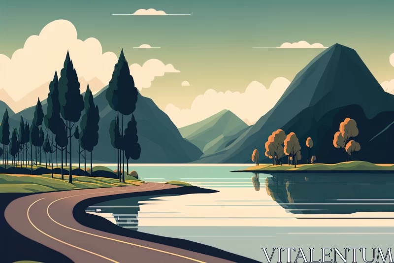 Scenic Journey: Road, Lake, Trees, and Majestic Mountain in a Breathtaking Landscape AI Image