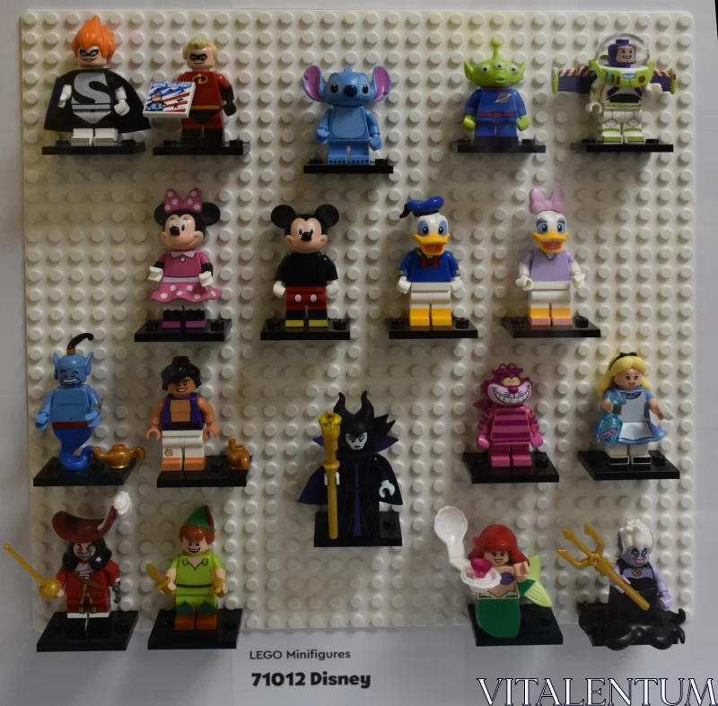 Whimsical Disney Wall: Lego Minifigurines of Iconic Characters in Playful Array Free Stock Photo