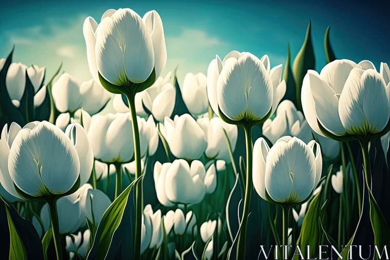 A Field of White Tulips Unfolding Summer's Garden Landscape AI Image