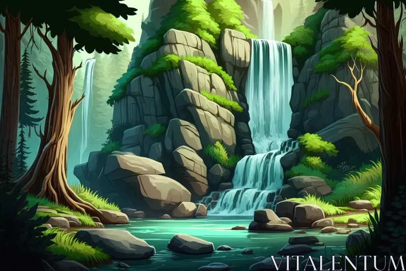 Nature's Animated Symphony: A Cartoon-Like Waterfall Amidst the Verdant Forest AI Image