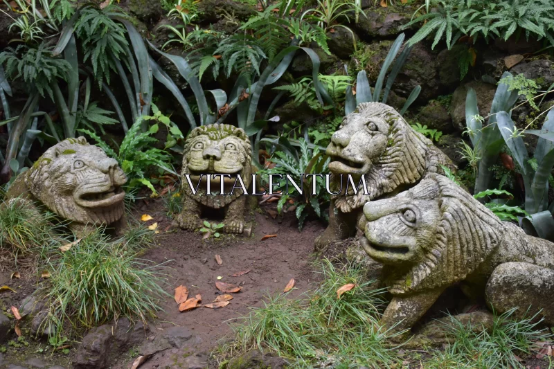 Stone Statues of Lion Cubs in the Tropical Garden Free Stock Photo