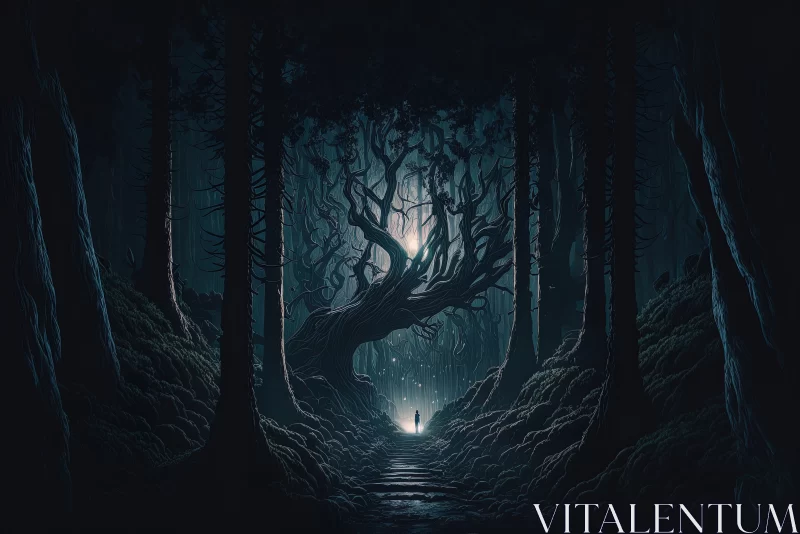 Mystical Nocturne: Creepy, Dark, and Foreboding Forests at Night AI Image