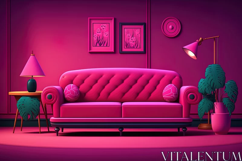 Chic Sophistication: Contemporary Living Room with Dark Pink Sofa and Contrasting Dark-Green Accents AI Image