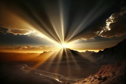 Celestial Majesty: Glorious Radiance of Brilliant Sunbeams Over Mountains AI Image