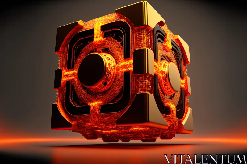 Luminous Nexus: Glowing Orange Cube Surrounded by Metal Rings AI Image