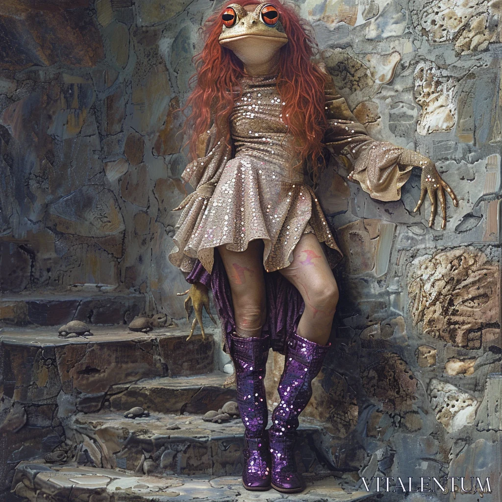 PROMPT A full body hyper realistic oil painting of an anthropomorphic female frog with long red hair