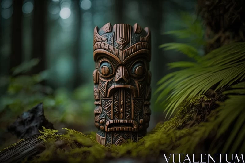 Ancient Guardians: Forest Spirits Wooden Totem Idol Head of God Tiki Mask Amidst the Enchanting Fore AI Image