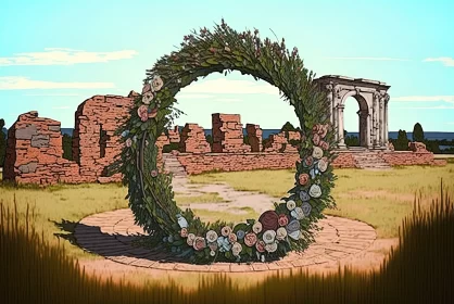 Serenity Unveiled: Flower Wreath on Vätterm at Nässja Slott Ruin, Sweden Landscape
