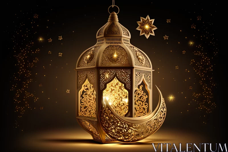 Radiant Ramadan: Golden Lantern and Stars Ornament AI Image