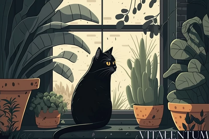 Charming Cartoon Companion: Black Cat Sitting on a Window Sill Next to a House Plant During Daytime AI Image