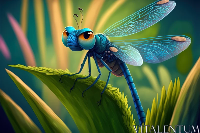 AI ART Garden's Delight: Blue Dragonfly Sitting on Plant during Daytime