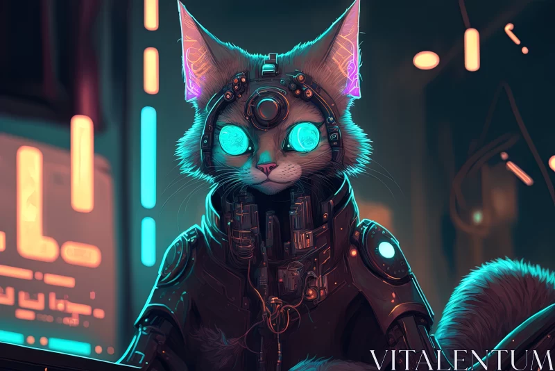 Futuristic Cyber Cat: Neon Blue Glowing Eyes AI Image