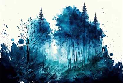 Azure Dreams: Tranquil Forest Watercolor Landscape
