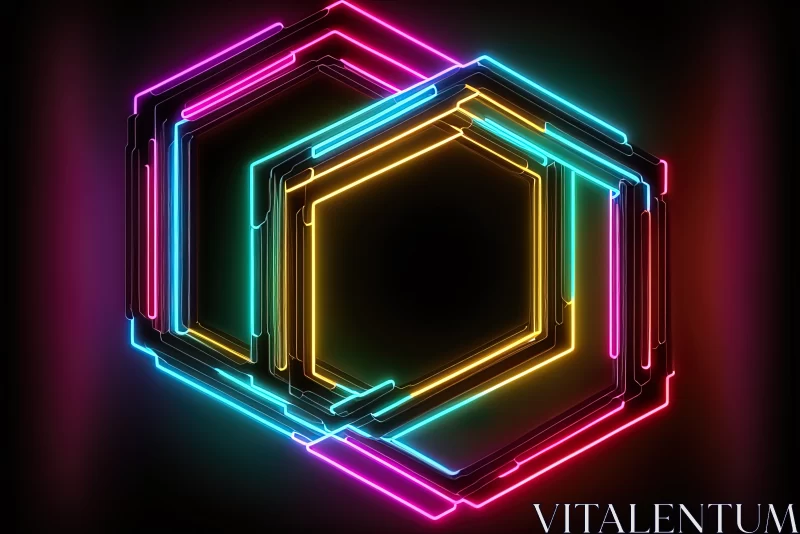 Luminous Elegance: Glowing Neon Hexagons on a Black Background (3D Rendering) AI Image