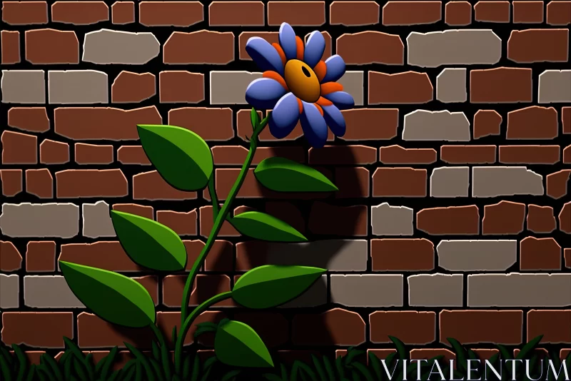 Brilliant Contrast: Bright Blue Flower Blooming on a Garden Brick Wal AI Image