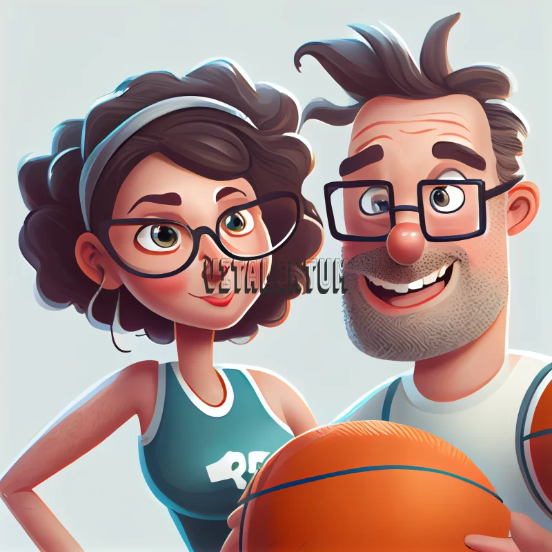AI ART Hilariously Sweet Cartoon Illustration of a Married Couple Playing Basketball