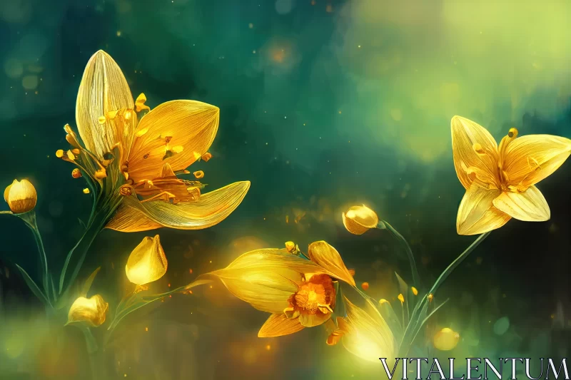 Enchanting Golden Bluebells: Exploring a Fantasy Magical Emerald Color Garden AI Image