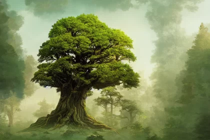 Majestic Guardian: Giant Tree in a Green Forest AI Image