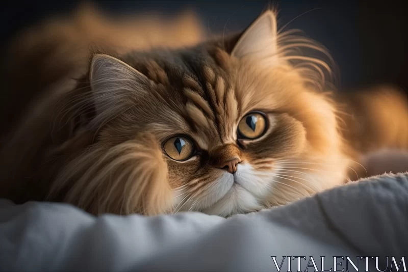 Cozy Comfort: Fluffy Brown Domestic Cat with Orange-Colored Eyes Lying on the Bed AI Image
