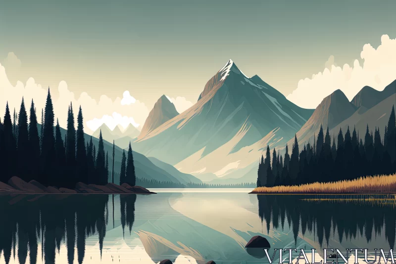 Lake's Reflection: A Serene Mountain Landscape Illustrated in Harmonious Beauty AI Image