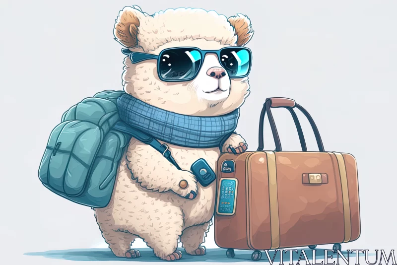 AI ART Vacation-Bound Alpaca: Funny Alpaca with Big Luggage, Glasses, and Scarf