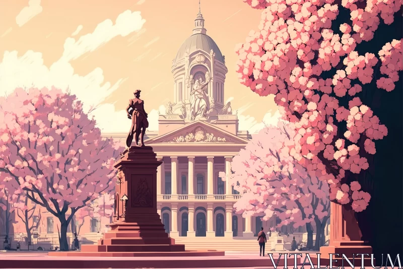 Sakura Splendor: Blooming Tree, Blurred Statue, and Classic Architecture AI Image
