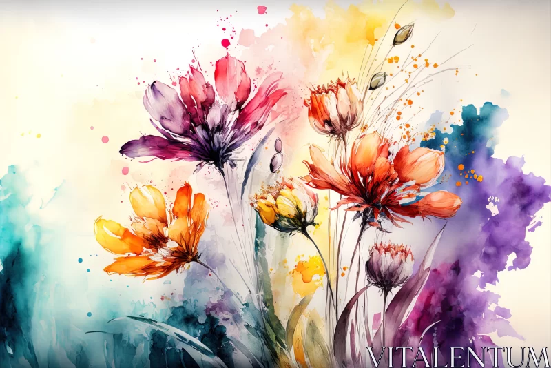 Colors of Spring: Bright Watercolor Painting of Multicolored Flowers AI Image
