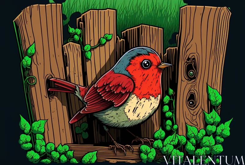 Scarlet Serenade: A Vibrant Passerine Perched Under a Verdant Fence AI Image