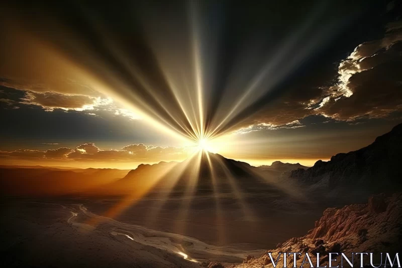 Celestial Majesty: Glorious Radiance of Brilliant Sunbeams Over Mountains AI Image