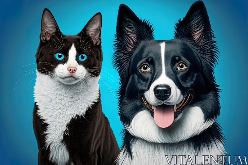 Vibrant Harmony: Portrait of a Black and White Mixed Breed Cat with Blue Eyes and a Happy Border Col AI Image