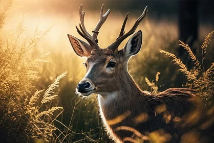 Serenity Amidst Nature: Deer Surrounded by Greenery in Sunlit Field AI Image