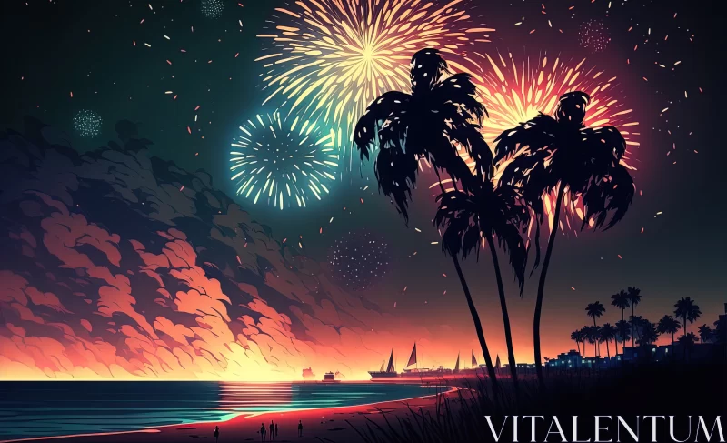 Spectacular Night Delight: Fireworks Illuminating the Beach Sky AI Image