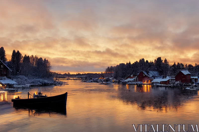 Winter's Tranquility: Fisherman Village in Sweden Embraced by Evening's Glow AI Image