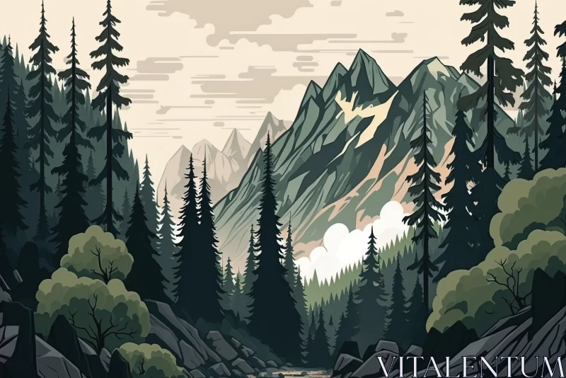Exploring the Mountain Gorges with Dense Coniferouss through Vector Art AI Image