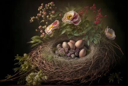 Nature's Tender Embrace: A Bouquet of Life Beside a Nest of Promises